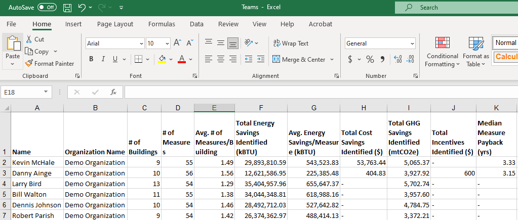 buildee Teams Excel Export